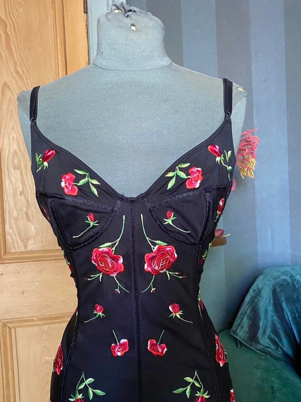 Karen Millen Black Slip Midi Dress with Red Rose Embroidery